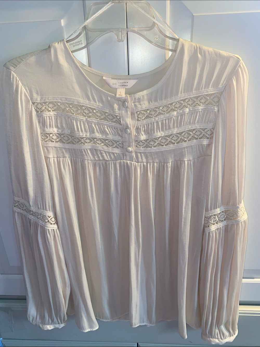 LC Lauren Conrad Cream Lace-Trim Peasant Top